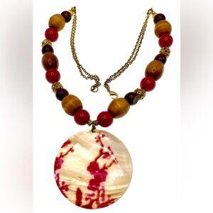 3 for $30 Boho Gold Tone Statement Necklace Wooden Beads Mother of Pearl